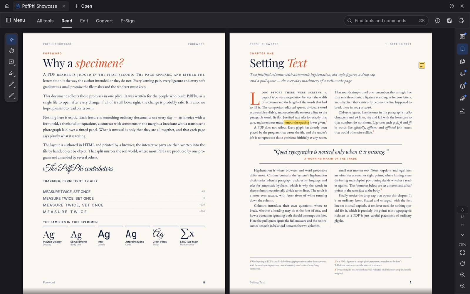 PdfPhi in two-up Read mode with the dark theme, showing two facing pages of a document